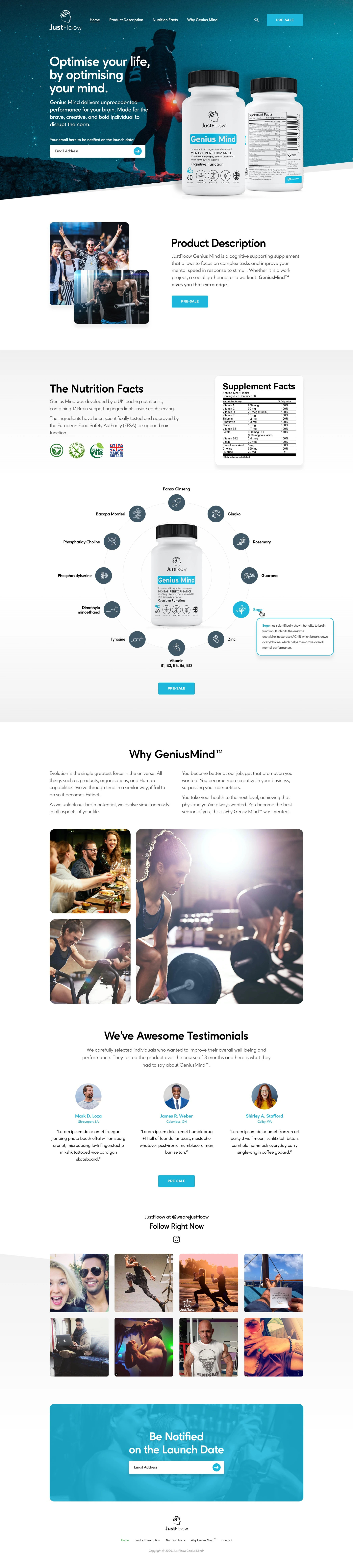 JustFloow — Genius Mind landing page in a laptop mockup