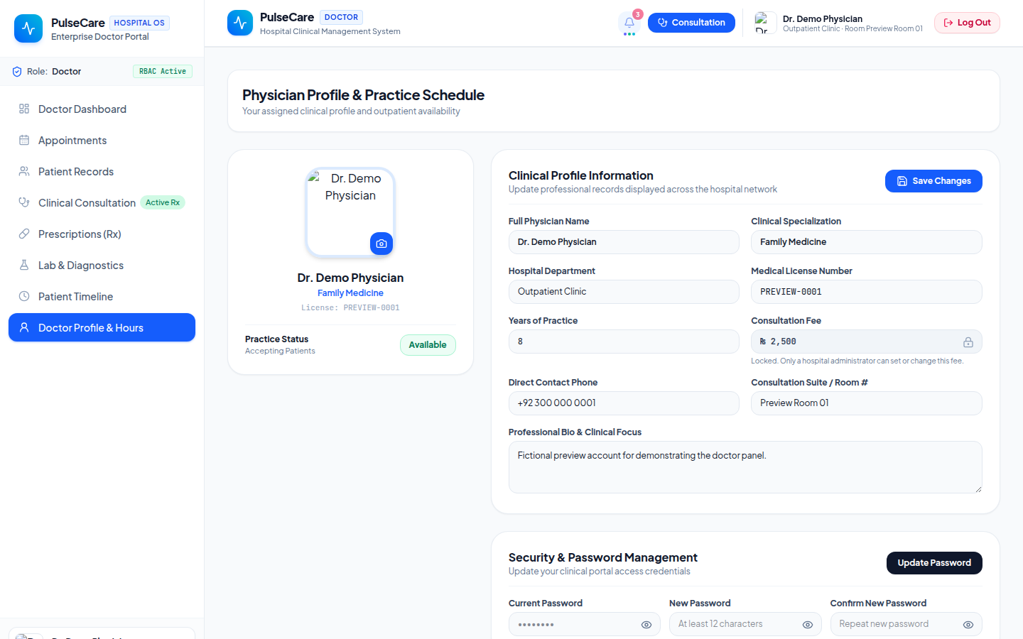 Doctor profile and hours