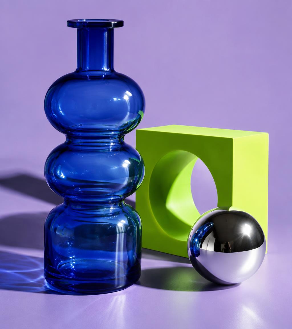 Sculptural objects in blue, lime and chrome
